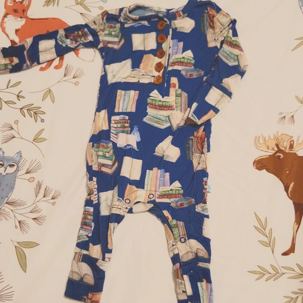 Posh Peanut Long Sleeved Heneley Romper "Library Books" print